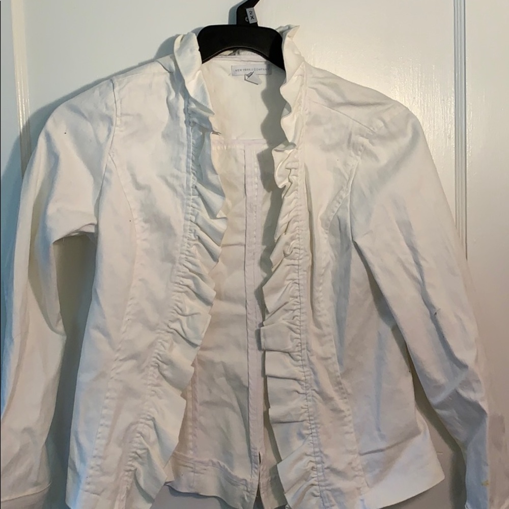 New York & Company White Ruffle Jean Jacket